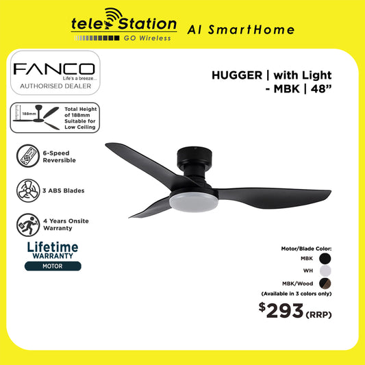 Fanco HUGGER Ceiling Fan (with or without Light) 188mm - Total Height Suitable for Low Ceiling