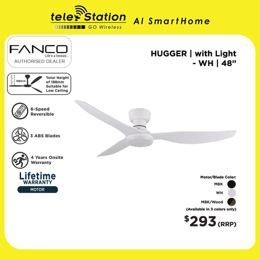 Fanco HUGGER Ceiling Fan (with or without Light) 188mm - Total Height Suitable for Low Ceiling