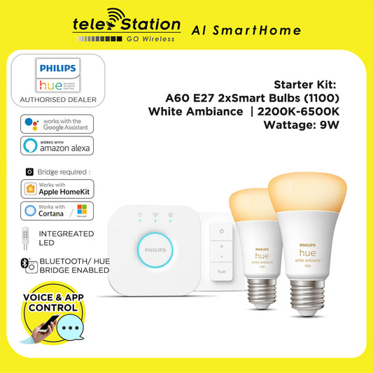 Philips Hue White Ambiance Starter Kit A60 E27 2x Smart Bulbs (1100)