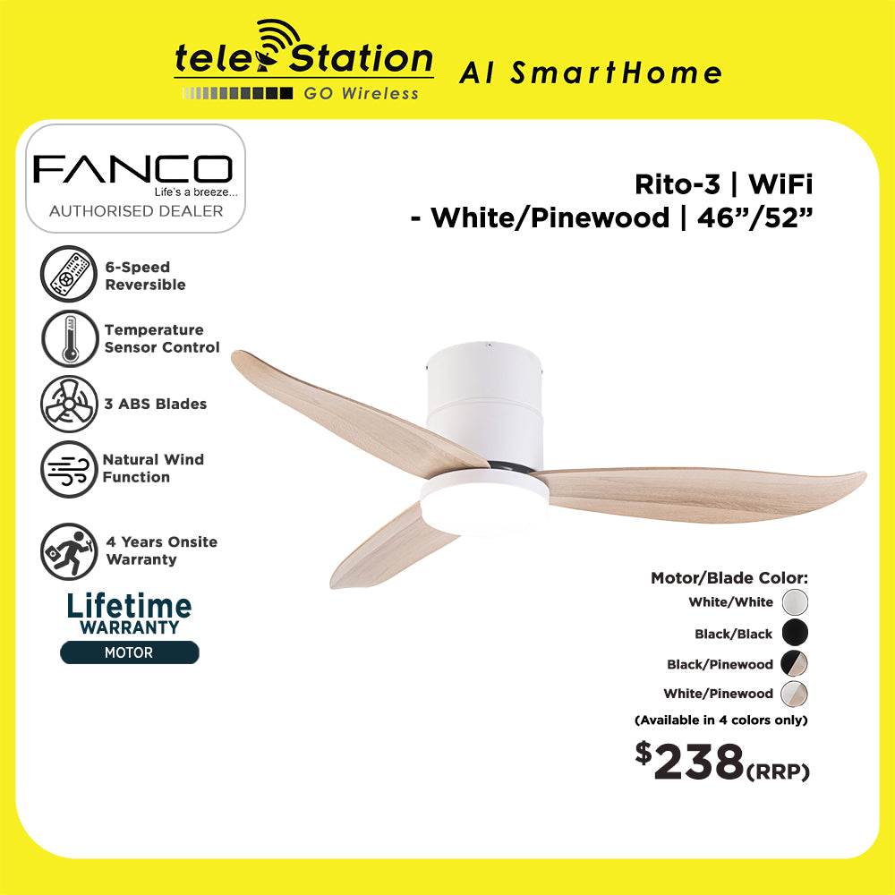 Fanco RITO 3 Ceiling Fan with Light (WiFi or non-WiFi) – Telestation AI ...