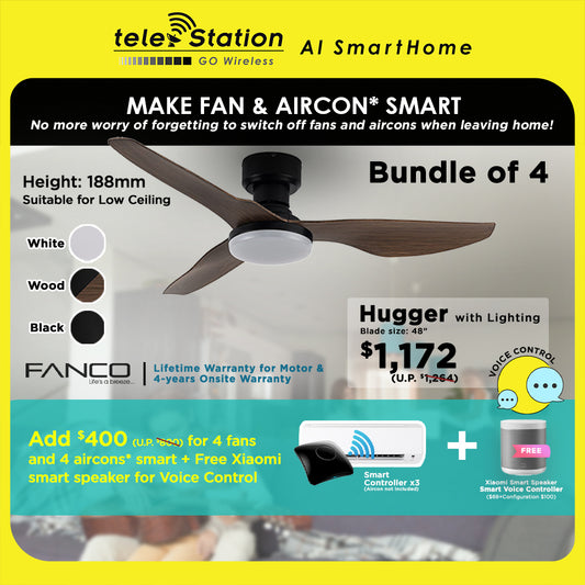 MAKE FAN & AIRCON SMART.. [Bundle] Fanco Hugger (188mm Total Height Suitable for Low Ceiling) and Aircon Controller + Smart Voice Control